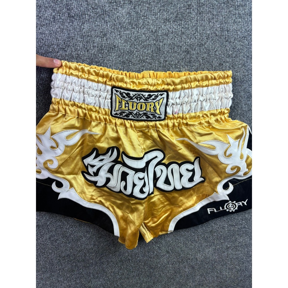 Fluory Muay Thai Shorts Mens L Gold Black White Kickboxing Combat Training Satin